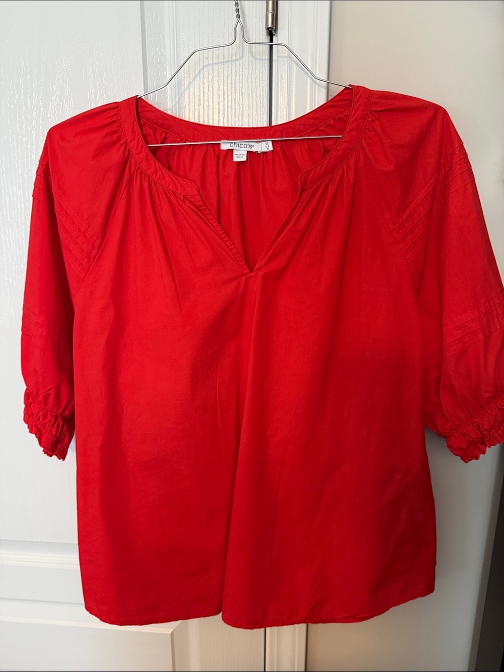 Chico's Vibrant Red V-Notch Peasant Blouse